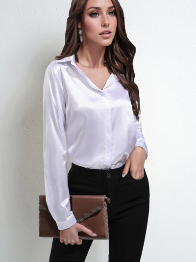 Women’s Blouse – Satin – Relaxed Fit – Long Sleeve V-Neck Button-Down