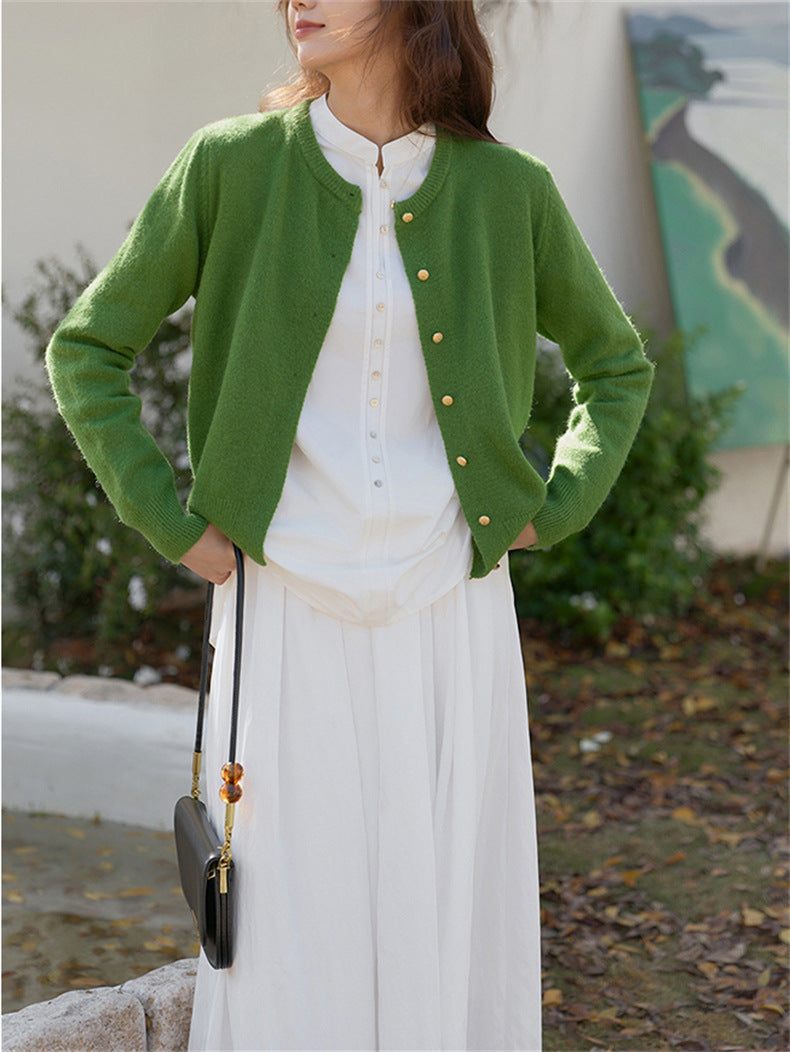 Women's Knitted Cardigan - Retro Round Neck - Small Gold Button Detail