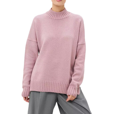 Women’s Pullover Sweater – Oversized Fit – Ribbed Knit – Semi-High Neck – Dropped Shoulder