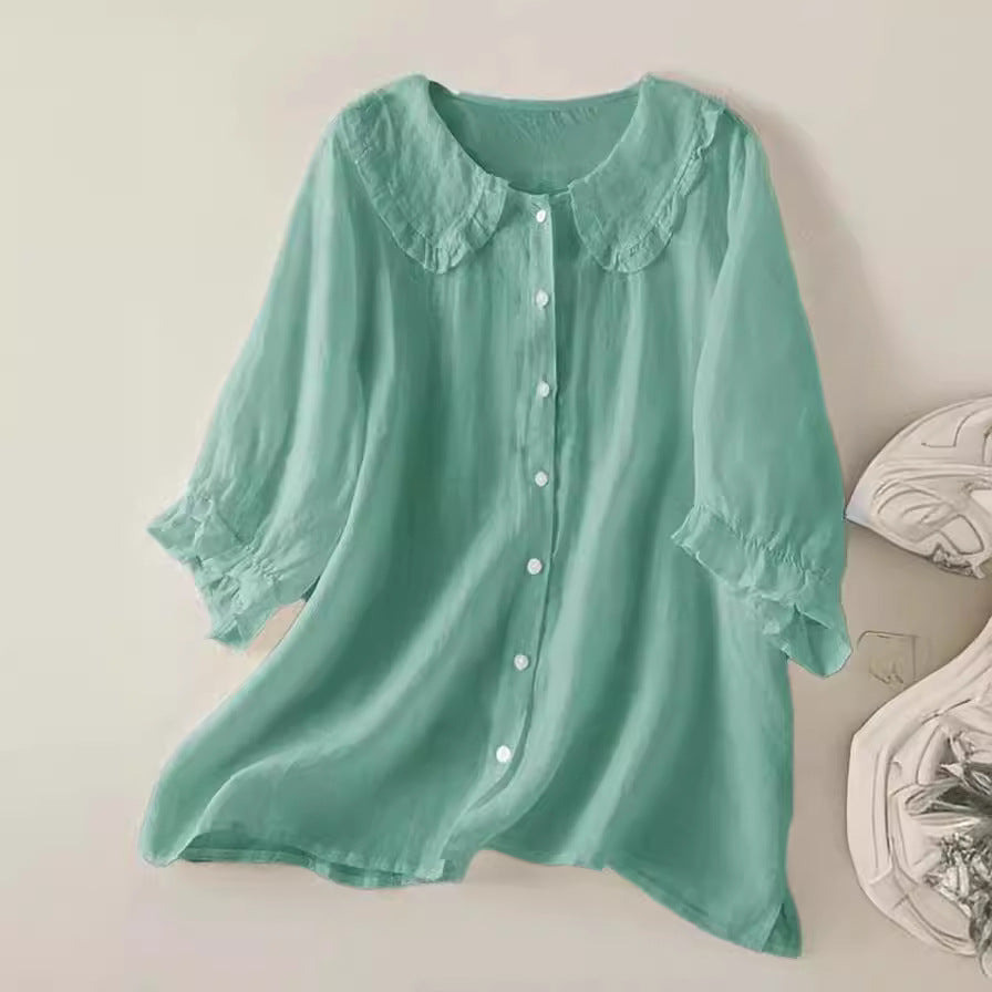Women's cotton linen loose peter pan ruffles neck shirt