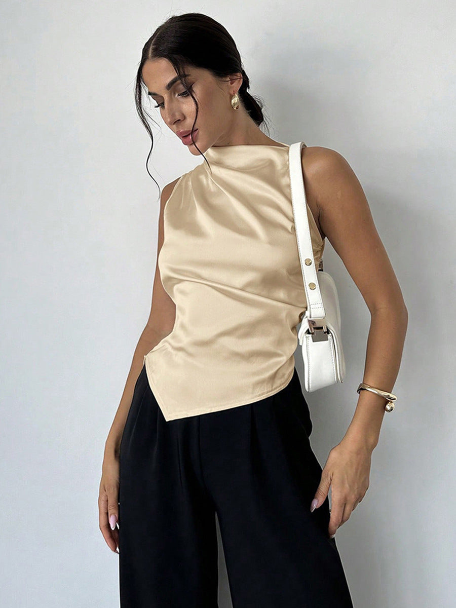 Women’s Sleeveless Blouse – Luxury Fabric – Slim Fit – High Neck – Draped Front