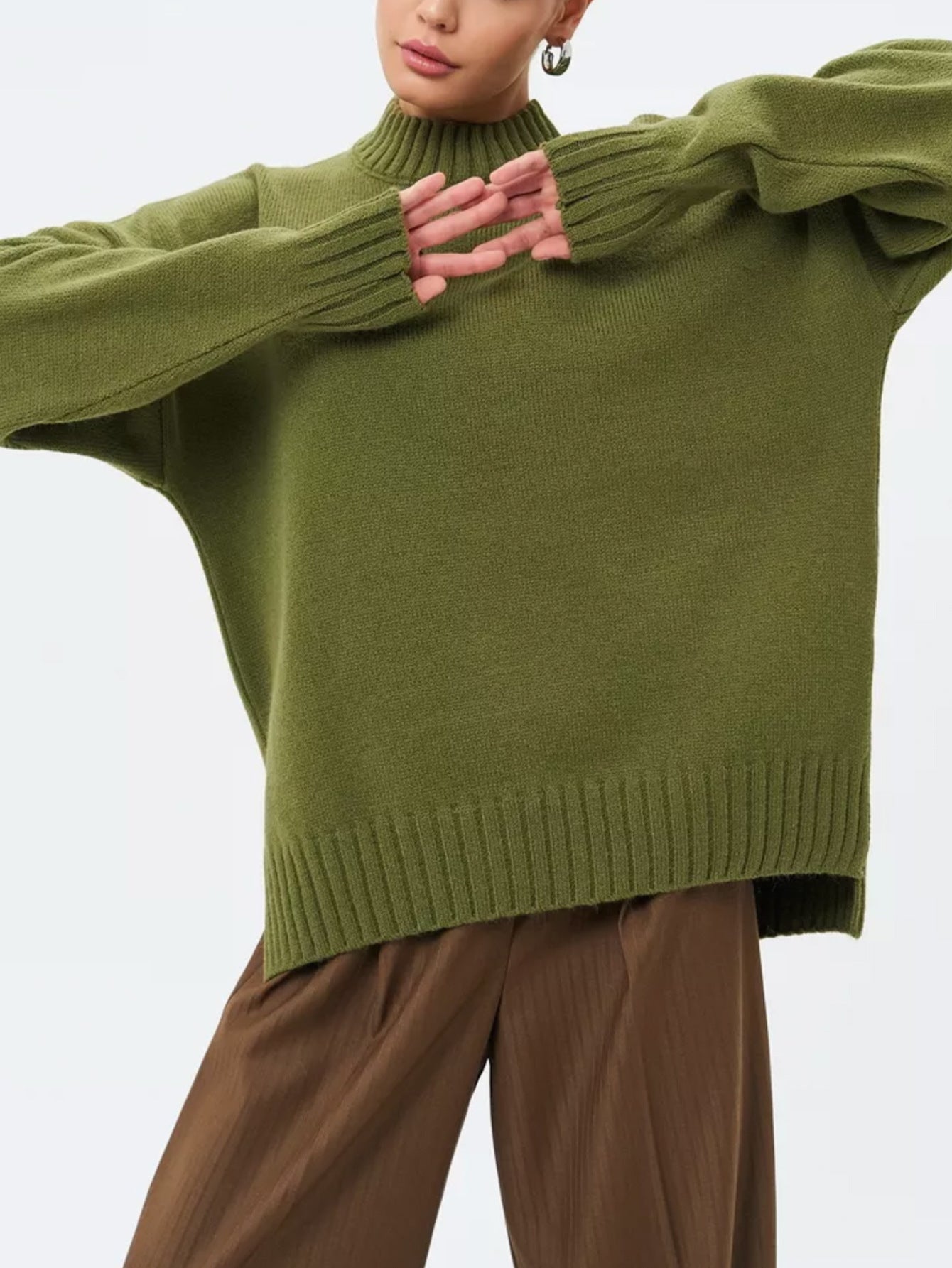 Women’s Pullover Sweater – Oversized Fit – Ribbed Knit – Semi-High Neck – Dropped Shoulder