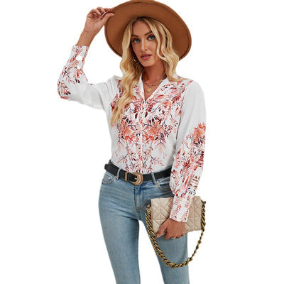 Women’s Long Sleeve Blouse – Relaxed Fit – Cotton Blend – Button Down – Floral Print