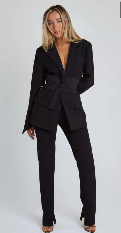 Women’s Blazer – Longline Tailored Fit – Self-Tie Waist – Notched Lapel – Flap Pockets