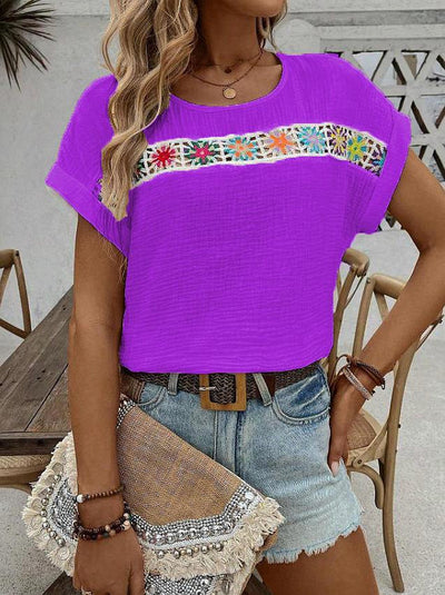 Women’s Blouse – Relaxed Fit – Boho Embroidery – Breathable Crinkled Fabric – Short Sleeve