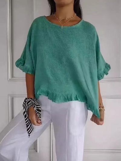 Women’s Blouse – Cotton Linen – Relaxed Fit – Short Sleeve – Ruffle Hem – Round Neck