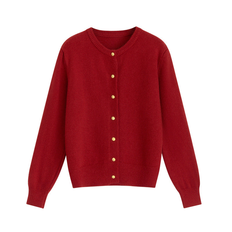 Women's Knitted Cardigan - Retro Round Neck - Small Gold Button Detail