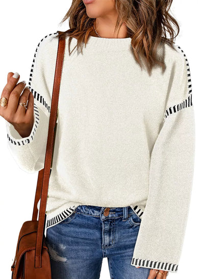 Women’s Sweater – Loose Fit Cable Knit – Round Neck – Long Sleeve with Stripe Trim