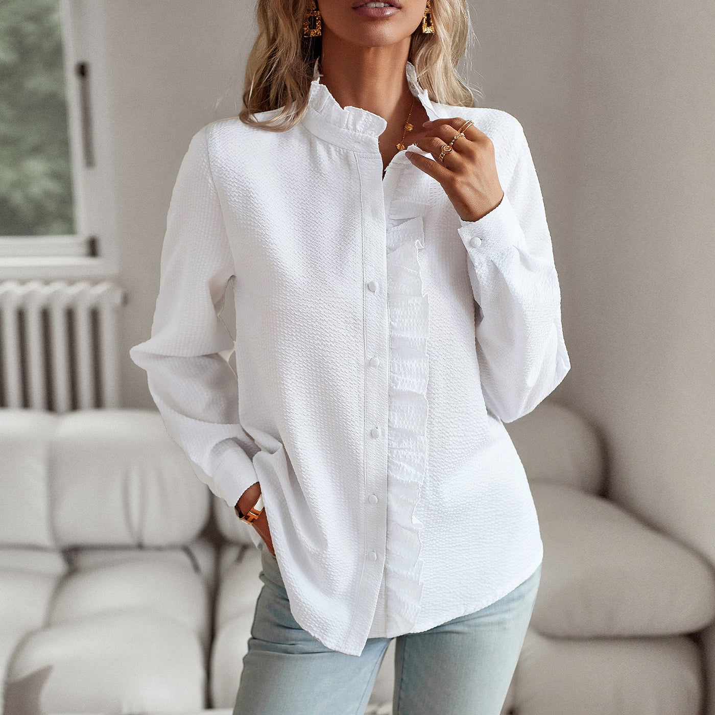 Women’s Blouse – Relaxed Fit – Textured Fabric – Long Sleeve – Button Front with Ruffle Trim