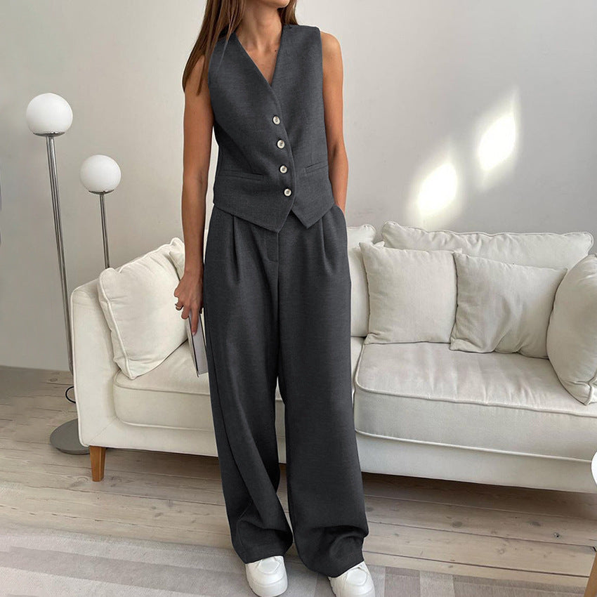 Women's Vest and Wide-Leg Pants Set - Button Detail
