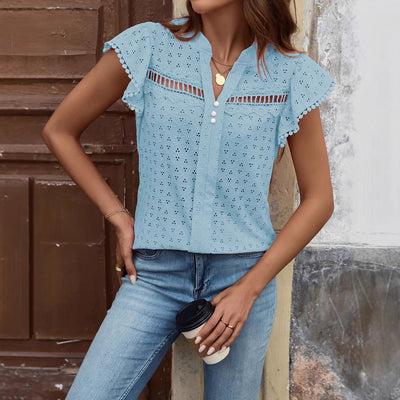 Women’s Blouse – Slim Fit – Lace & Eyelet – Ruffled Sleeve – Mesh Panel – Button Front
