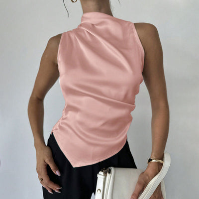 Women’s Sleeveless Blouse – Luxury Fabric – Slim Fit – High Neck – Draped Front