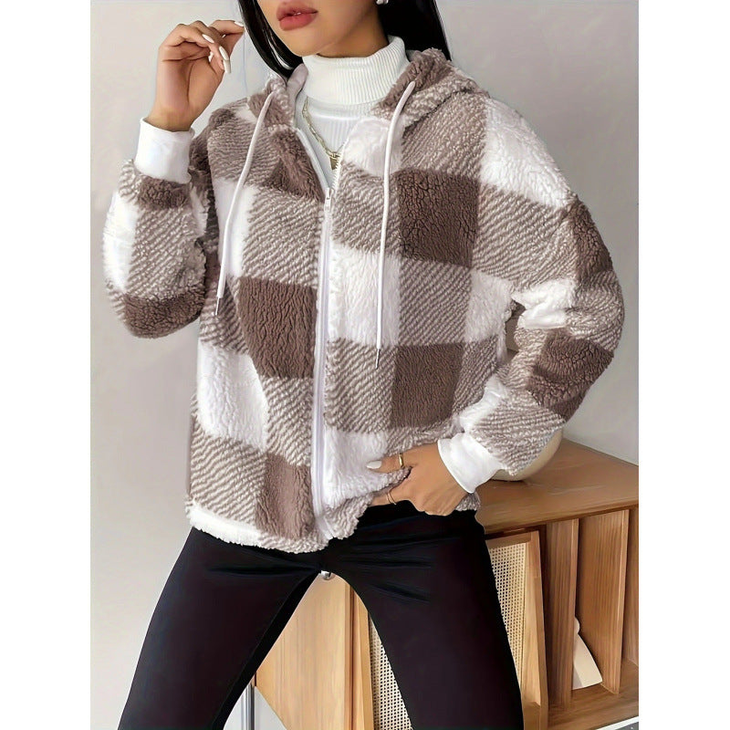 Women’s Cardigan Jacket – Hooded Zip-Up – Fluffy Sherpa – Relaxed Fit – Checkered Pattern