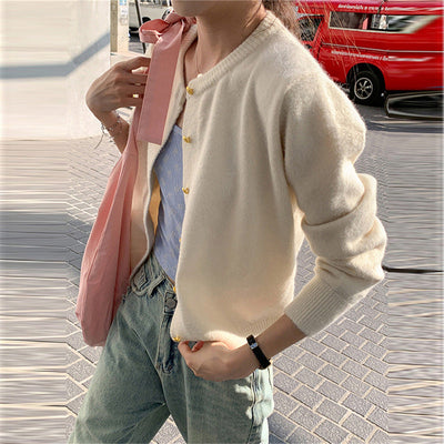 Women's Knitted Cardigan - Retro Round Neck - Small Gold Button Detail