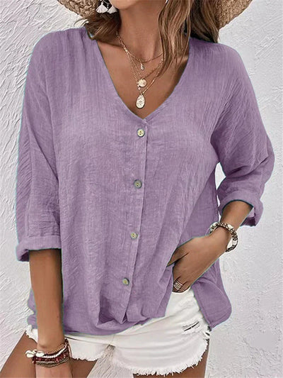 Women’s Blouse – Linen – Relaxed Fit – V-Neck – Button-Down – 3/4 Sleeve