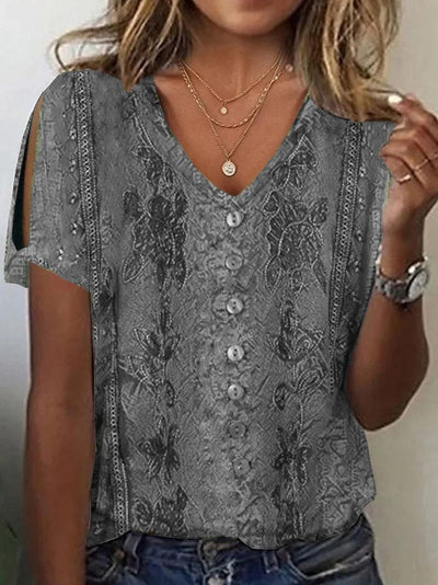 Women’s Blouse – Relaxed Fit – V-Neck Button Front – Embroidered Boho Style – Breathable Blend