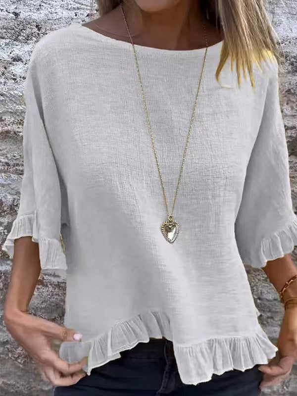 Women’s Blouse – Cotton Linen – Relaxed Fit – Short Sleeve – Ruffle Hem – Round Neck