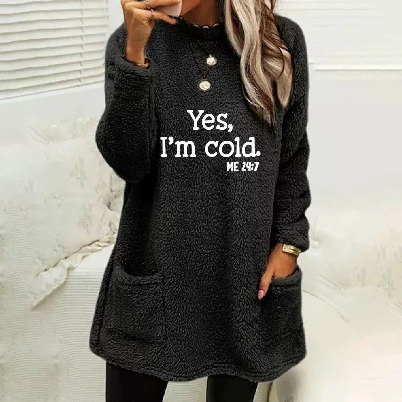 Women’s Oversized Sweatshirt – Double-Sided Fleece – Letter Print – Side Pockets – Long Sleeve