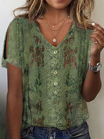Women’s Blouse – Relaxed Fit – V-Neck Button Front – Embroidered Boho Style – Breathable Blend