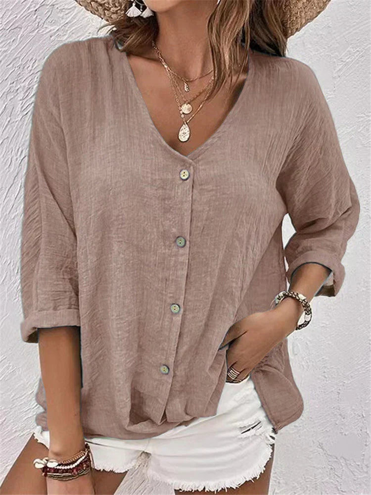 Women’s Blouse – Linen – Relaxed Fit – V-Neck – Button-Down – 3/4 Sleeve