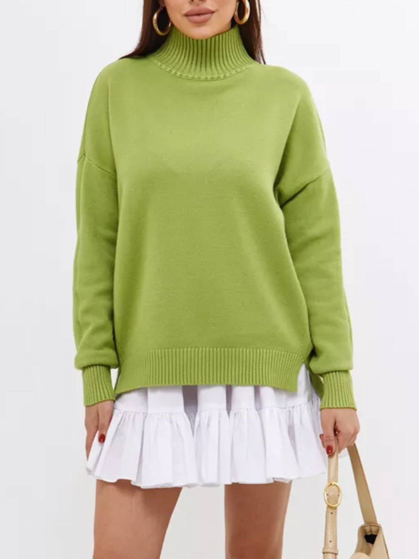 Women’s Pullover Sweater – Oversized Fit – Ribbed Knit – Semi-High Neck – Dropped Shoulder