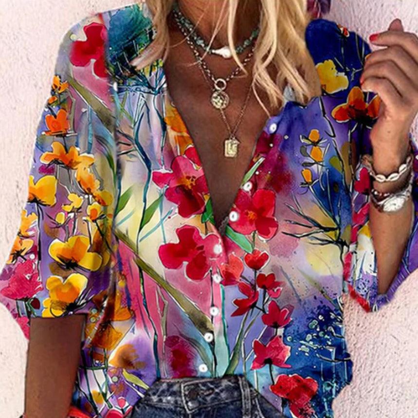 Women's Printed Boho Long Sleeve Tunic Blouse