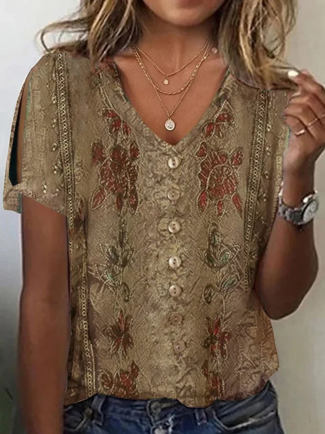 Women’s Blouse – Relaxed Fit – V-Neck Button Front – Embroidered Boho Style – Breathable Blend
