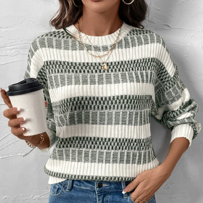 Women’s Sweater – Ribbed Knit – Relaxed Fit – Round Neck – Double Stripe Detail