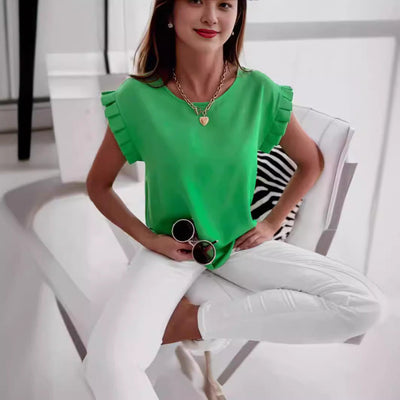 Women’s Blouse – Relaxed Fit – Ruffled Sleeves – Breathable Blend – Round Neckline