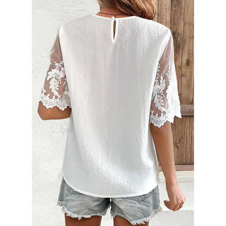 Women’s Blouse – Relaxed Fit – Sheer Lace Sleeves – Keyhole Neckline – Lightweight Fabric