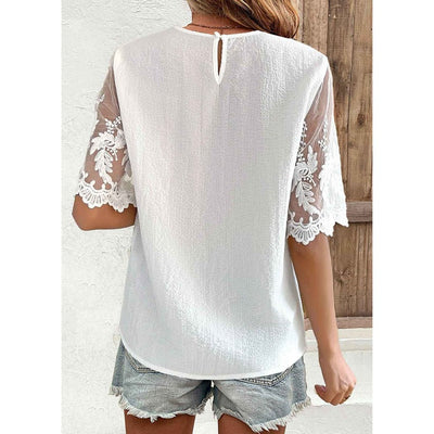 Women’s Blouse – Relaxed Fit – Sheer Lace Sleeves – Keyhole Neckline – Lightweight Fabric