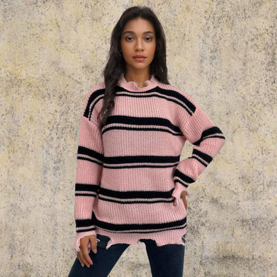Women’s Pullover Sweater – Oversized Fit – Knitted Wool – Contrast Stripes – Fringe Hem