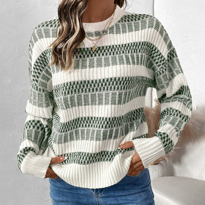 Women’s Sweater – Ribbed Knit – Relaxed Fit – Round Neck – Double Stripe Detail