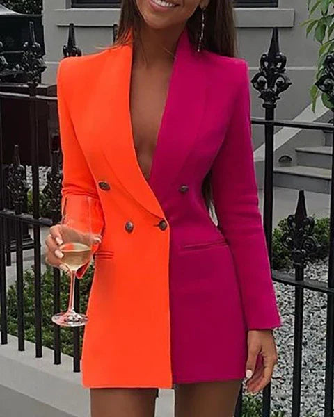 Women’s Blazer Dress – Tailored Fit – Two-Tone – Double Breasted – V-Neck Mini – Long Sleeve