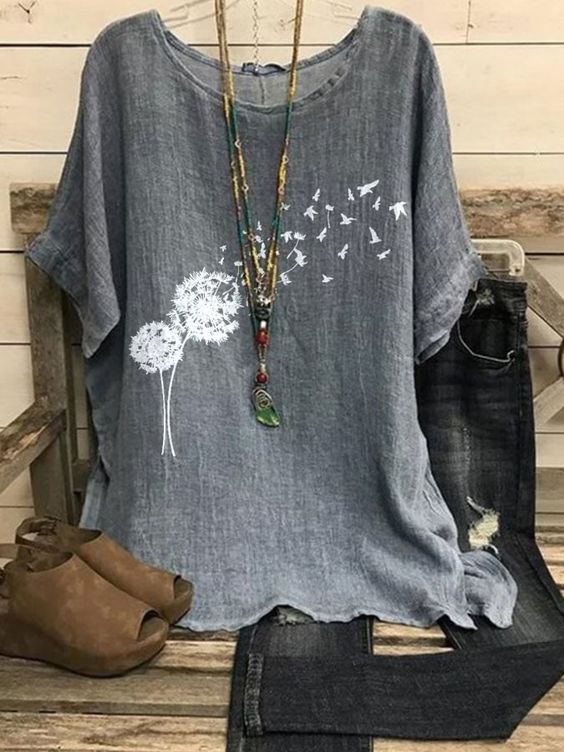 Women’s Blouse – Relaxed Fit – Lightweight Cotton – Round Neck – Half Sleeve – Tunic Length – Dandelion Print