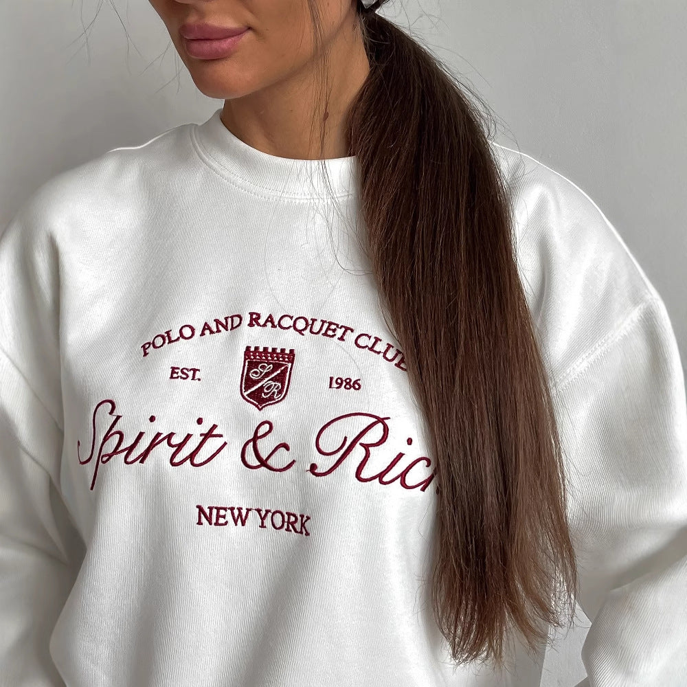 Women’s Pullover Sweatshirt – Oversized Fit – Cotton Blend – Embroidered Logo – Crew Neck