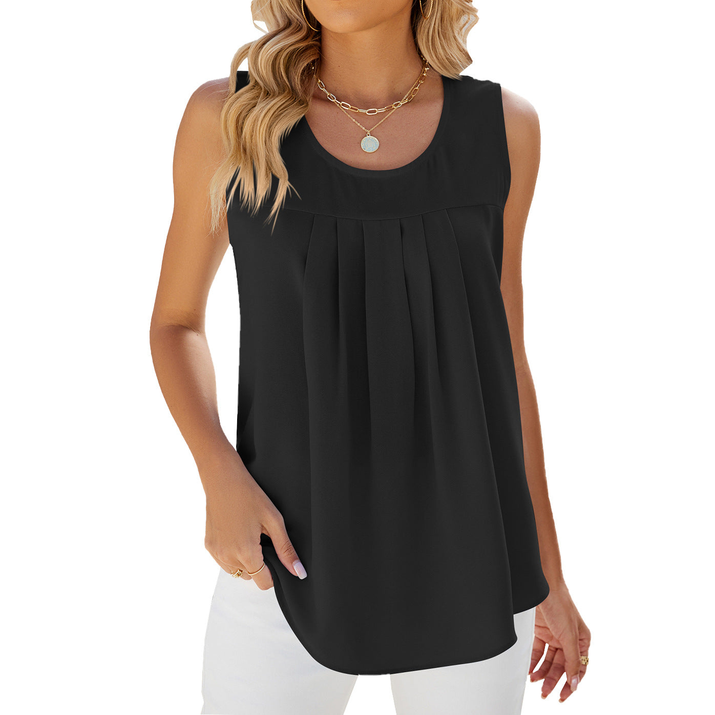 Women’s Sleeveless Blouse – Relaxed Fit – Fine Pleats – Breathable Blend – Round Neck