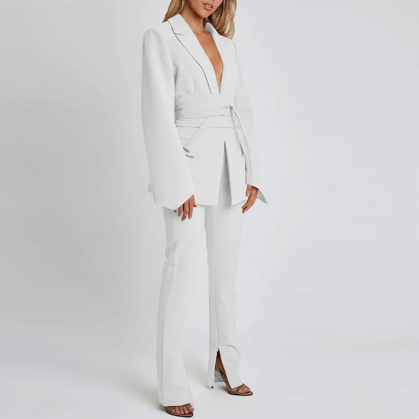 Women’s Blazer – Longline Tailored Fit – Self-Tie Waist – Notched Lapel – Flap Pockets