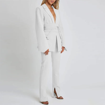 Women’s Blazer – Longline Tailored Fit – Self-Tie Waist – Notched Lapel – Flap Pockets