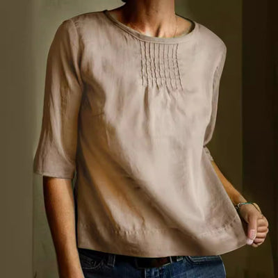 Women’s Blouse – Cotton Linen Blend – Loose Fit – 3/4 Sleeve – Pleated Front