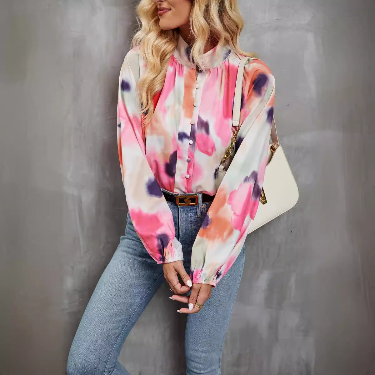 Women’s Long Sleeve Blouse – Relaxed Fit – Artistic Print – Lightweight Casual Top