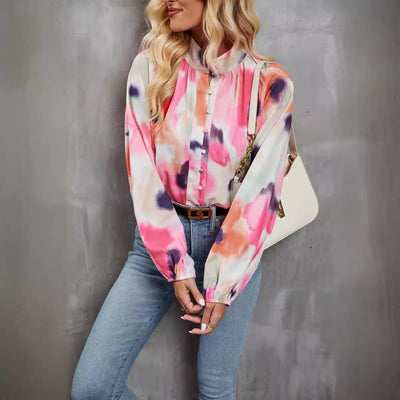 Women’s Long Sleeve Blouse – Relaxed Fit – Artistic Print – Lightweight Casual Top