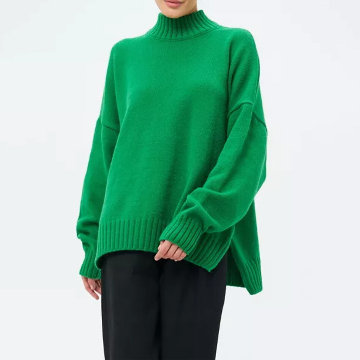 Women’s Pullover Sweater – Oversized Fit – Ribbed Knit – Semi-High Neck – Dropped Shoulder