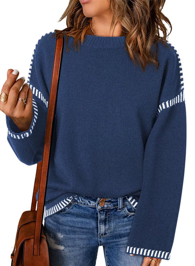 Women’s Sweater – Loose Fit Cable Knit – Round Neck – Long Sleeve with Stripe Trim