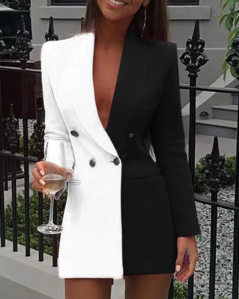 Women’s Blazer Dress – Tailored Fit – Two-Tone – Double Breasted – V-Neck Mini – Long Sleeve