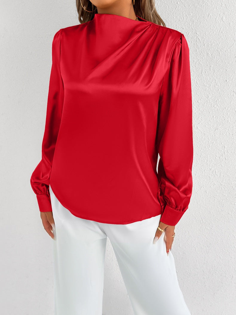 Women’s Satin Blouse – Relaxed Fit – High Neck – Long Sleeve – Minimalist Elegant Style