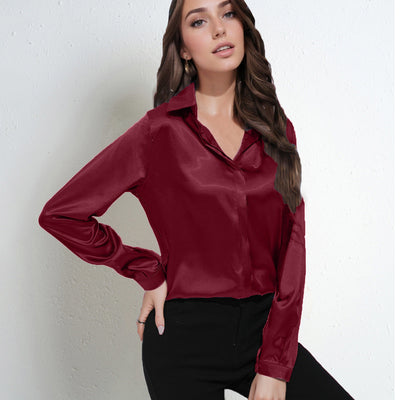 Women’s Blouse – Satin – Relaxed Fit – Long Sleeve V-Neck Button-Down