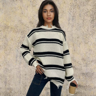 Women’s Pullover Sweater – Oversized Fit – Knitted Wool – Contrast Stripes – Fringe Hem