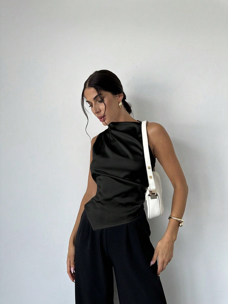 Women’s Sleeveless Blouse – Luxury Fabric – Slim Fit – High Neck – Draped Front