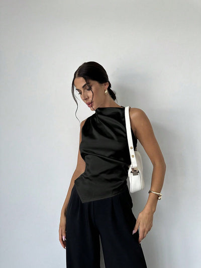 Women’s Sleeveless Blouse – Luxury Fabric – Slim Fit – High Neck – Draped Front